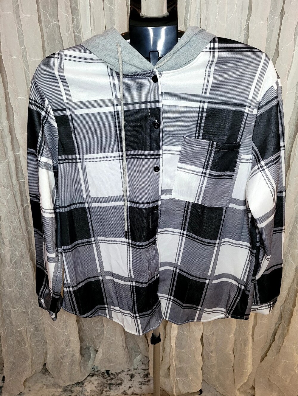 Black White Gray Mix Media Plaid Hooded Flannel Shirt Jacket Button Down Shacket - Picture 1 of 5